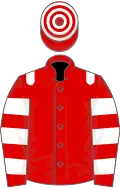 Red, white epaulets, hooped sleeves and cap