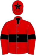Red, black hoop, armlets and star on cap