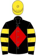 Black, red diamond, black and yellow hooped sleeves, yellow cap
