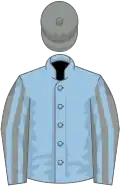 Light blue, grey and light blue striped sleeves, grey cap