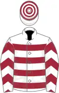 White, maroon hoops, chevrons on sleeves, hooped cap