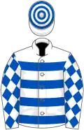 White and royal blue hoops, royal blue diamonds on sleeves, hooped cap