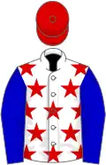 White, red stars, blue sleeves, red cap