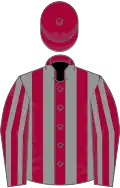 Dark red and grey stripes, red cap