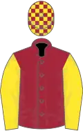 Maroon, yellow sleeves, maroon and yellow check cap