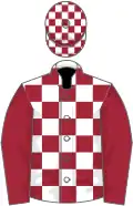 White and maroon check, maroon sleeves, maroon and white check cap