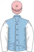 Light blue, white sleeves, pink cap