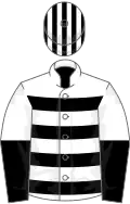 White, black hoops, halved sleeves, striped cap