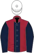 Maroon, dark blue stripe and sleeves, white cap