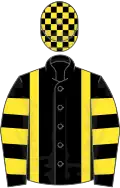 Black, yellow braces, hooped sleeves, check cap