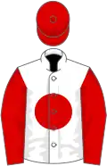 White, red disc, red sleeves and cap