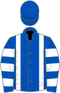 Royal blue, white braces, hooped sleeves