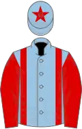 Light blue, red braces, sleeves and star on cap