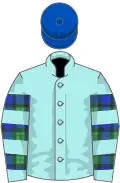 Pale blue, campbell tartan hooped sleeves, royal blue cap