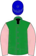 Green, pink sleeves, blue cap