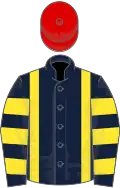 Dark blue, yellow braces, hooped sleeves, red cap