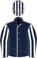 Dark blue, white seams, striped sleeves and cap