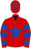 Red, royal blue star, hooped sleeves, star on cap