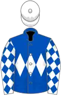 Royal blue, white triple diamond, white sleeves, royal blue diamonds, white cap