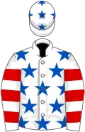 White, royal blue stars, white and red hooped sleeves, white cap, royal blue stars