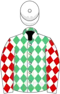 White and emerald green diamonds, white sleeves, red diamonds, white cap