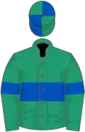 Emerald green, royal blue hoop and armlets, quartered cap