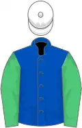 Blue, green sleeves, white cap