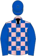 Pink and royal blue check, royal blue sleeves and cap