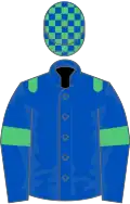 Royal blue, emerald green epaulettes, emerald green armlet, check cap