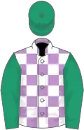 Mauve and white check, emerald green sleeves and cap