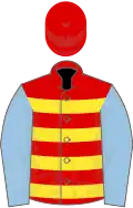 Red, yellow hoops, light blue sleeves, red cap