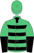 Emerald green, black hoops, halved sleeves, emerald green cap
