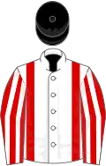 White, red braces, red and white striped sleeves, black cap