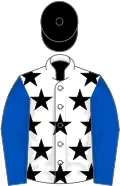 White, black stars, royal blue sleeves, black cap