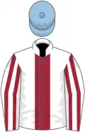White, maroon stripe, striped sleeves, light blue cap