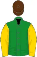Green, gold sleeves, brown cap
