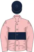 Pink, dark blue hoop, dark blue cap