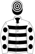 White, black hoops, white sleeves, black spots, black and white hooped cap