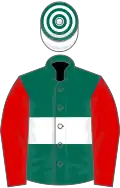 Dark green, white hoop, red sleeves, white and dark green hooped cap