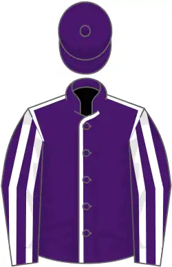 Purple, white seams, striped sleeves, purple cap