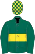 Dark green, yellow hoop, dark green sleeves, yellow cap, dark green checked