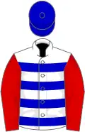 White, blue hoops, red sleeves, blue cap