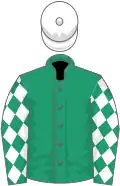 Emerald green, white diamonds on sleeves, white cap