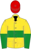 Yellow, green hoop, halved sleeves, red cap