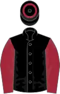 Black, maroon sleeves and hoop on cap