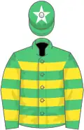 Emerald green, yellow hoops, emerald green cap, white star