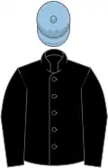Black, light blue cap, hooped sleeves