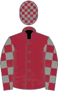 Maroon, maroon and grey check sleeves and cap