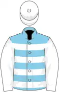 Sky blue and white hoops, white sleeves and cap