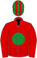 Red, green disc, striped cap